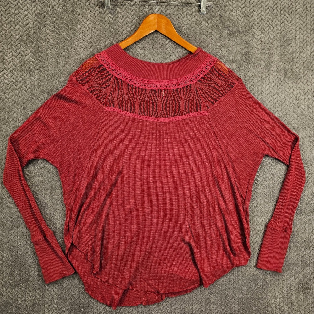 Free‎ People Berry Red Waffle Knit Thermal Lace Yoke Dolman Sleeve Top Small